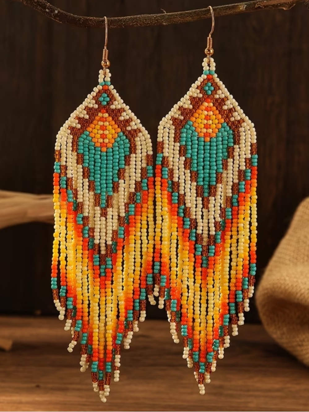 Boho western seed bead earrings in orange / teal